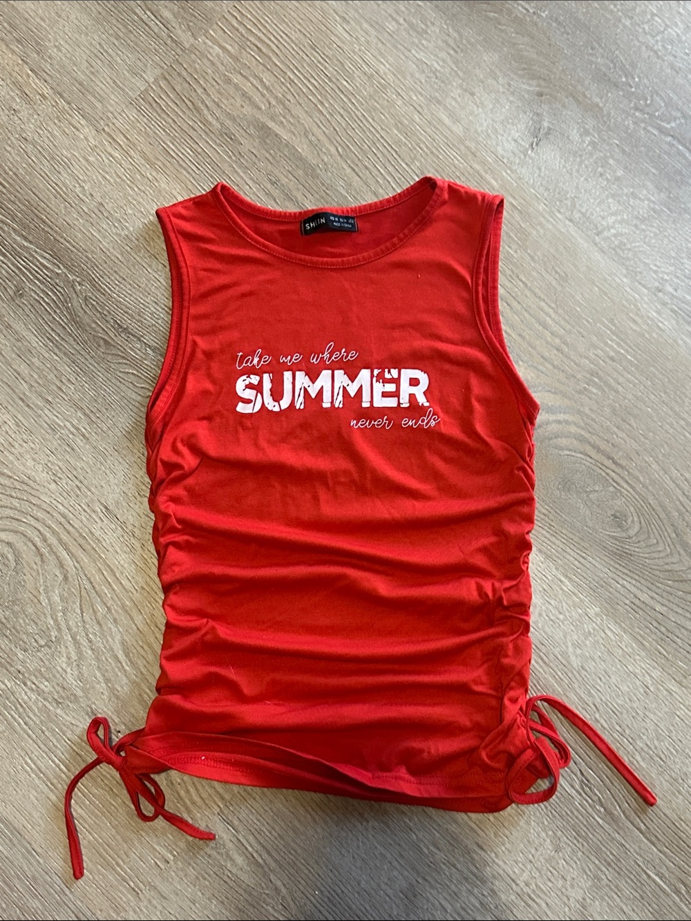 SHEIN Red Girls' Ruched Swim Tank Top with White 'SUMMER' Print